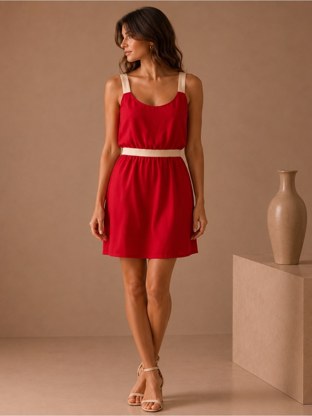 LOFT Red Sleeveless Shift Dress with Cream Waist Trim Details Size 6